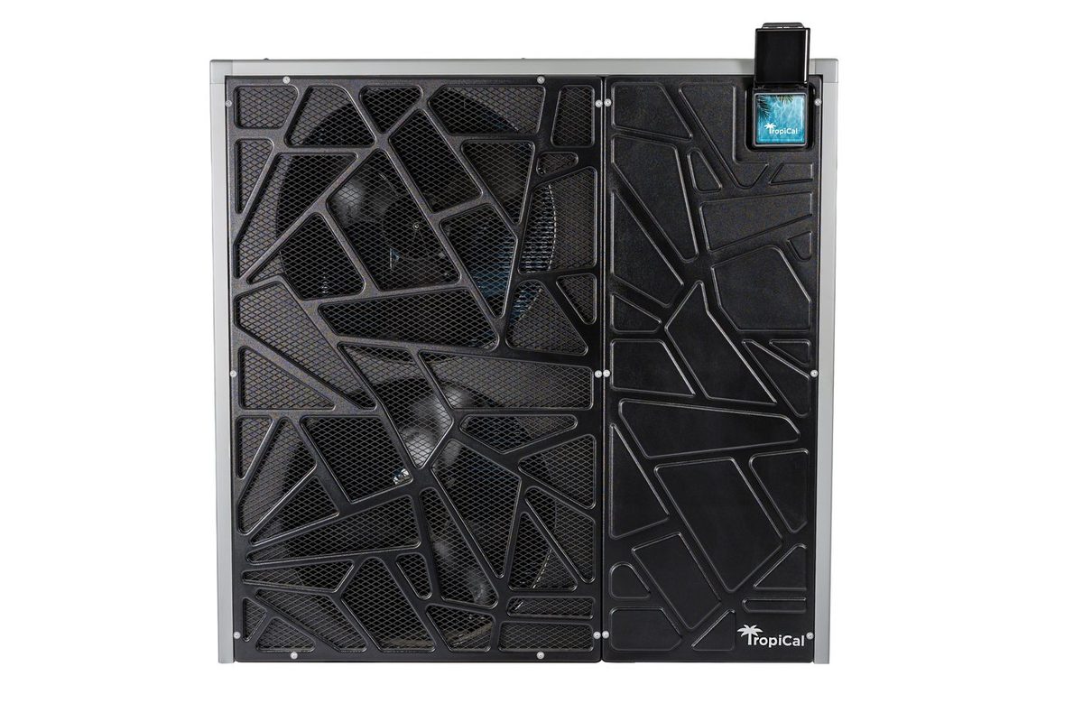 An AquaCal TropiCal T130 inverter heat pump with its touch screen on