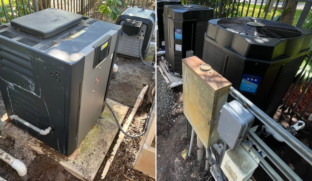 Left, a worn pool heater on an equipment pad. Right, the new heat pump that replaced it.