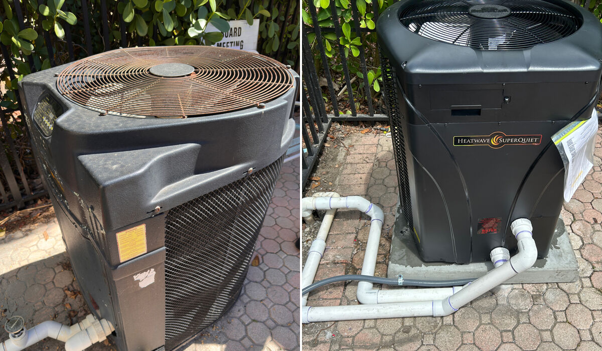 Left, a heat pump with a corroded fan grill. Right, the new unit that replaced it.