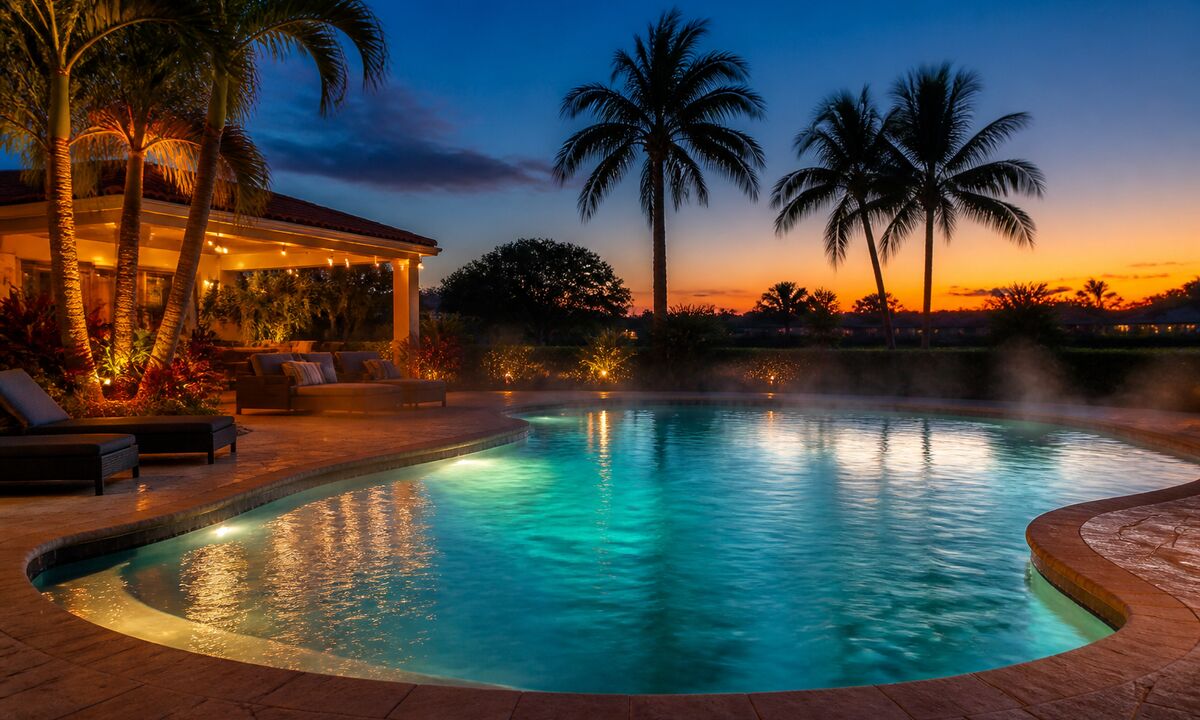 A heated pool steaming at sunset under palm trees